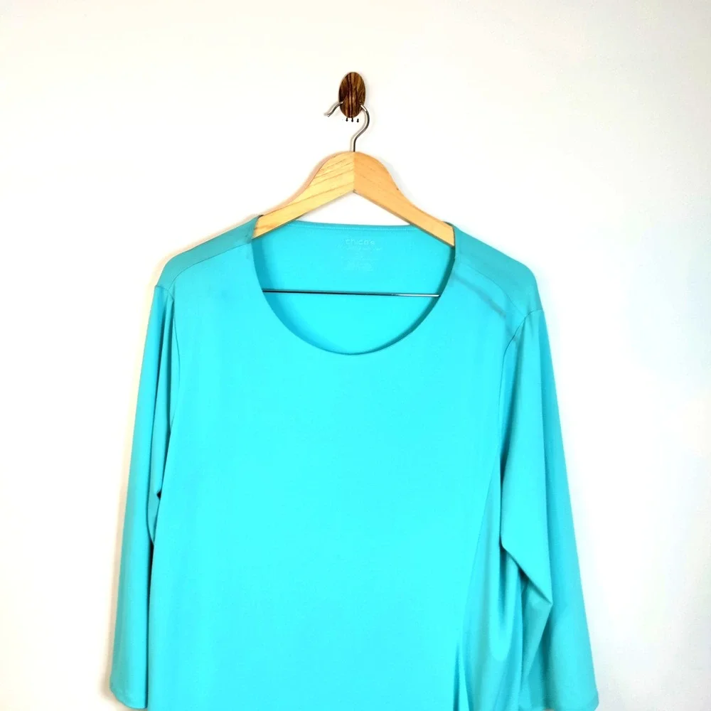 Chico's The Ultimate Tee Women Teal‎ 3 Liquid Knit Shark Hem Faux Wrap Lagun Y2K - Picture 3 of 12